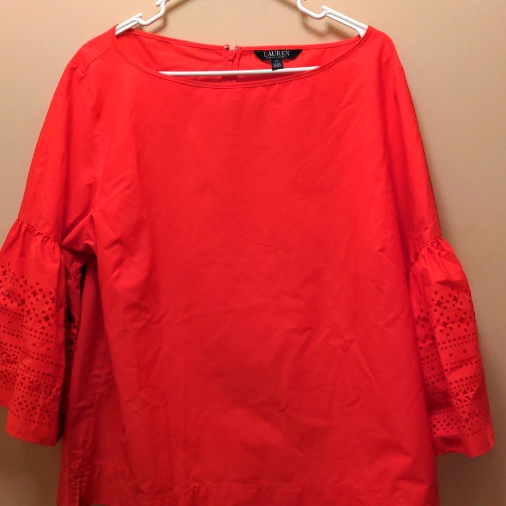 Women's red Lauren tunic. 3/4 decorative  sleeved.